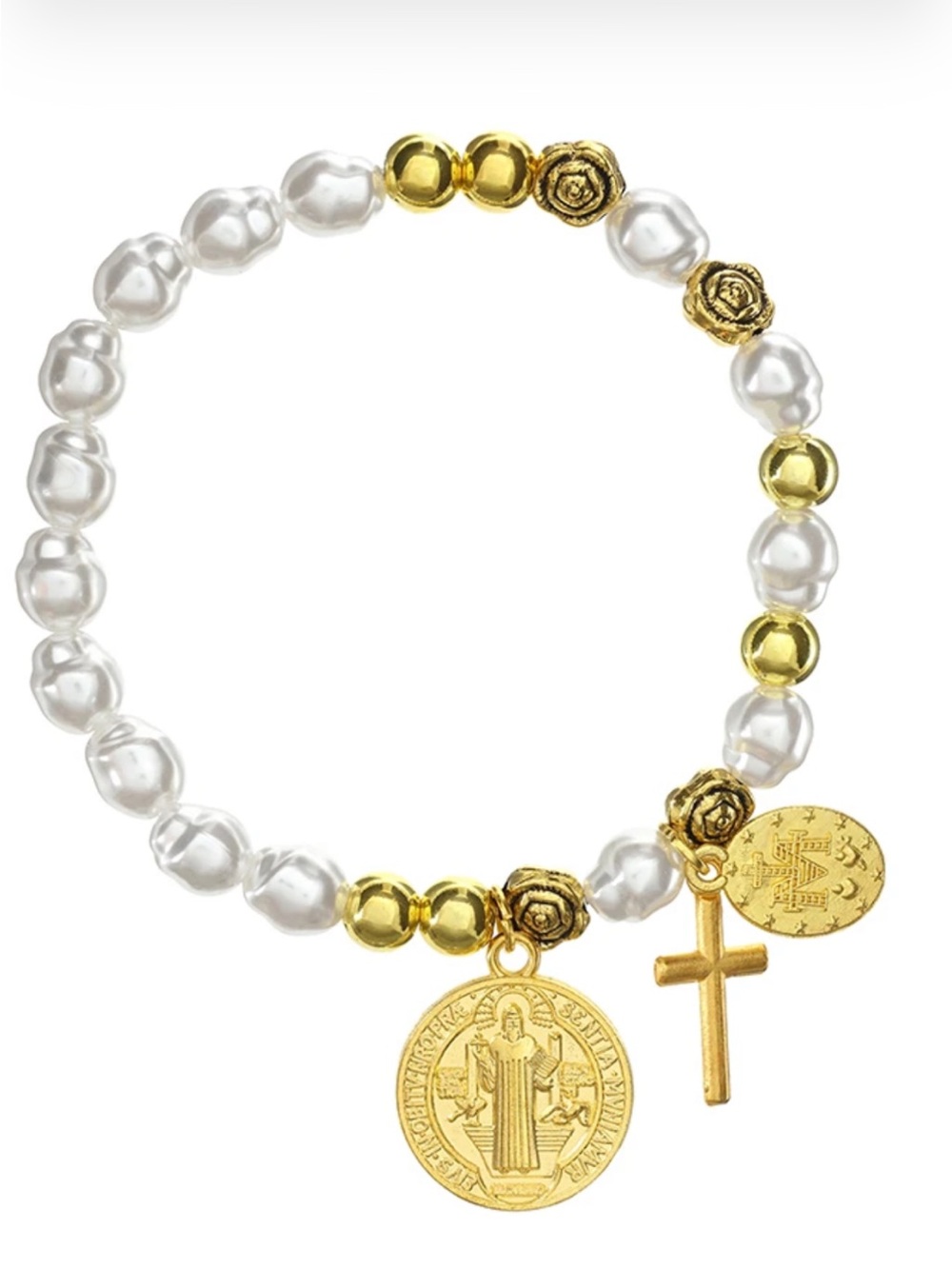 St. Benedict Imitation Freshwater Pearl Rosary Bracelet Catholic women gift new